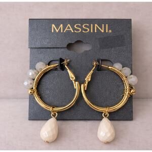 Massini Gold Hoop Earrings White Beads Teardrop Dangle, NWT